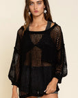 Black Fishnet Hollow-out Long Sleeve Beach Cover up