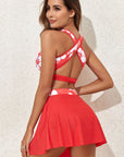 Fiery Red 3pcs Flower Printed Crossed Top and A Line Skirt Bikini Set