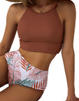 Brown Tropical Print Back Split Color Block High Waisted Swimsuit