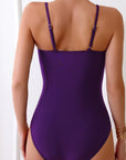 Burgundy Spaghetti Straps Metal V Decor One-Piece Swimsuit