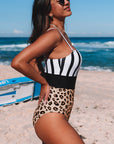 Leopard Striped Colorblock Asymmetrical Sleeveless One Piece Swimsuit