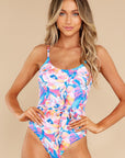 Pink Floral Print Knot High Waist One Piece Swimsuit