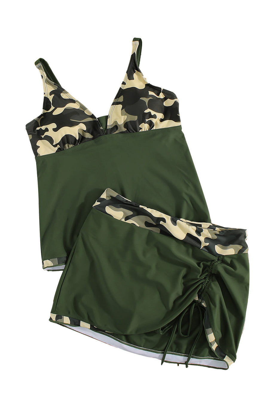 Green Camo Solid Strappy Drawstring Side Tankini