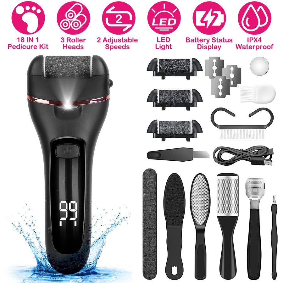 Electric Foot Callus Remover Foot Grinder Rechargeable Foot File Dead Skin Pedicure Machine w/ 3 Roller Heads 2 Speeds 18 in 1 Foot Care Tool