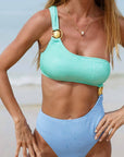 Aruba Blue Textured Colorblock Cut Out One Shoulder Monokini