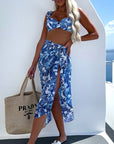 Blue 3pcs Flower Print Ruffled Bikini Set with Cover Up Skirt