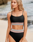 Black Striped Patchwork Spaghetti Strap High Waist Bikini Set