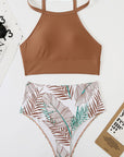 Brown Tropical Print Back Split Color Block High Waisted Swimsuit