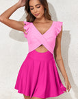 Bright Pink Cut Out Ruffle Crossed One Piece Swimdress