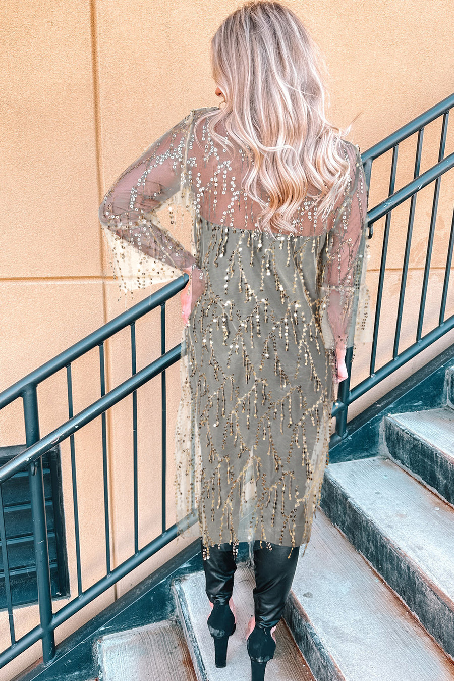 White Sequin Sheer Casual Open Front Cover Up