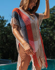 Multicolor Striped Tassel Crochet V Neck Beach Cover Up Perfect Poolside Companion