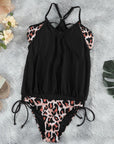 Black Sexy Leopard Colorblock Spaghetti Blouson Tankini Set