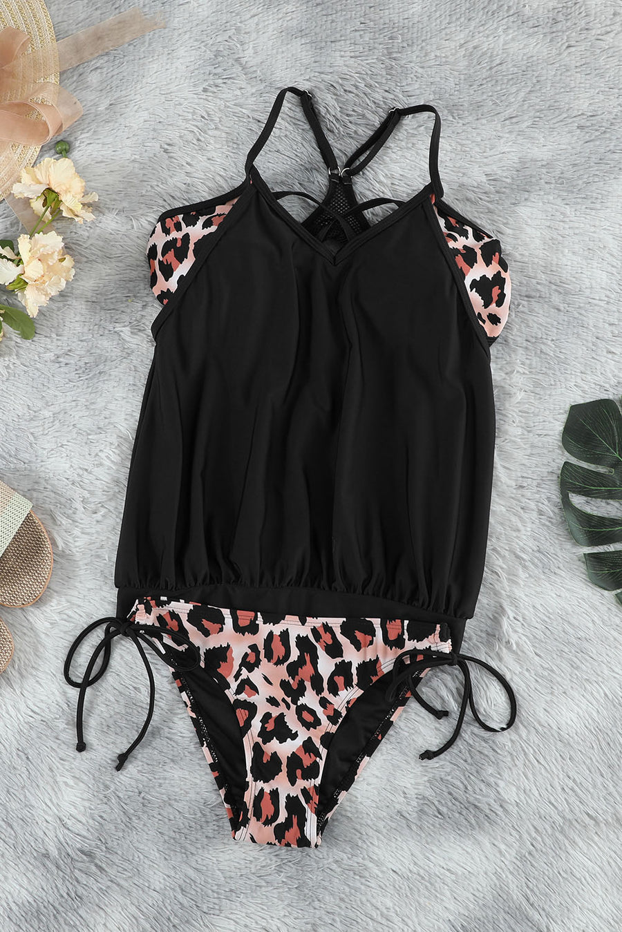 Black Sexy Leopard Colorblock Spaghetti Blouson Tankini Set