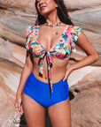 Dark Blue Sexy Deep V Neck Tie Ruffles High Waisted Bikini Set- Free Shipping