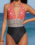 Multicolor Floral Leopard Halter Backless One Piece Swimsuit