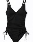 Black Adjustable Straps Ribbed Knit Backless One Piece Swimsuit