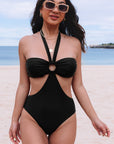 Black Sexy O Ring Ruched Bust Halter Monokini