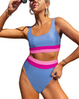 Light Blue Colorblock High Waisted Bikini Swimsuit