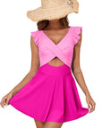 Bright Pink Cut Out Ruffle Crossed One Piece Swimdress