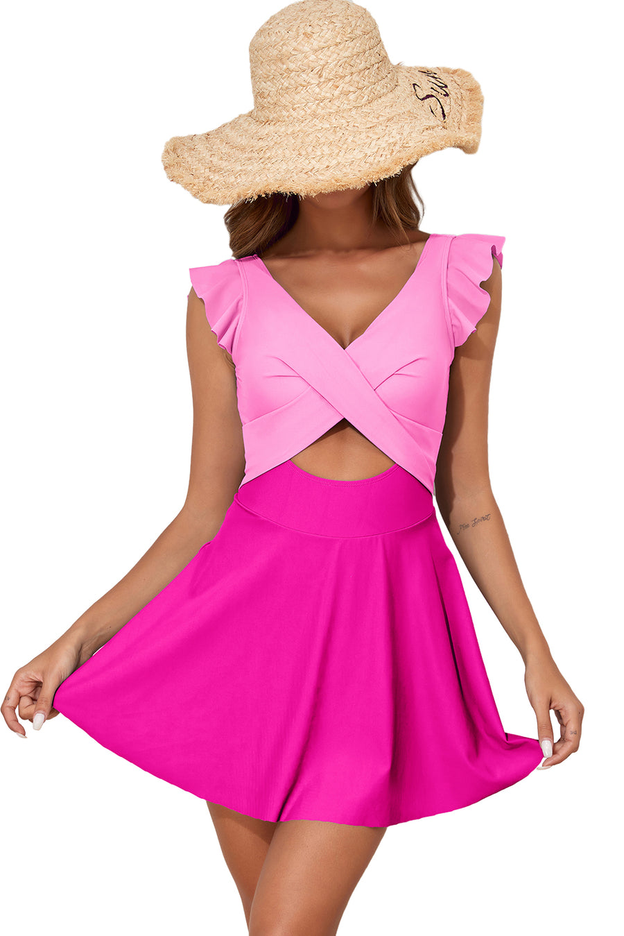 Bright Pink Cut Out Ruffle Crossed One Piece Swimdress