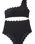 Black Scallop Trim Textured One Shoulder High Waist Bikini Set