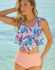 Pink Print Crop Ruffled Overlay High Waisted Tankini