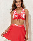 Fiery Red 3pcs Flower Printed Crossed Top and A Line Skirt Bikini Set