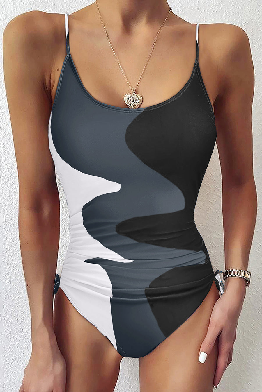 Khaki Printed Color Block Drawstring Sides One Piece Swimsuit