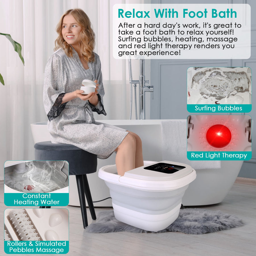 Collapsible Foot Spa Massager Electric Foot Soaker Tub Foldable Foot Spa Tub with Surfing Bubbles Heating Red Light Temperature Control Timer Remote C