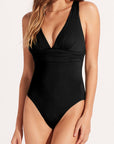 Black Deep V Neck Crossover Backless Ruched High Cut Monokini