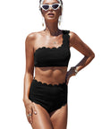 Black Sexy Scalloped Trim Asymmetrical Neck High Waist Bikini Set