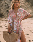 Red Boho Print Deep V Kimono Sleeves Beach Dress With Split