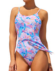 Pink Floral Print Knot High Waist One Piece Swimsuit