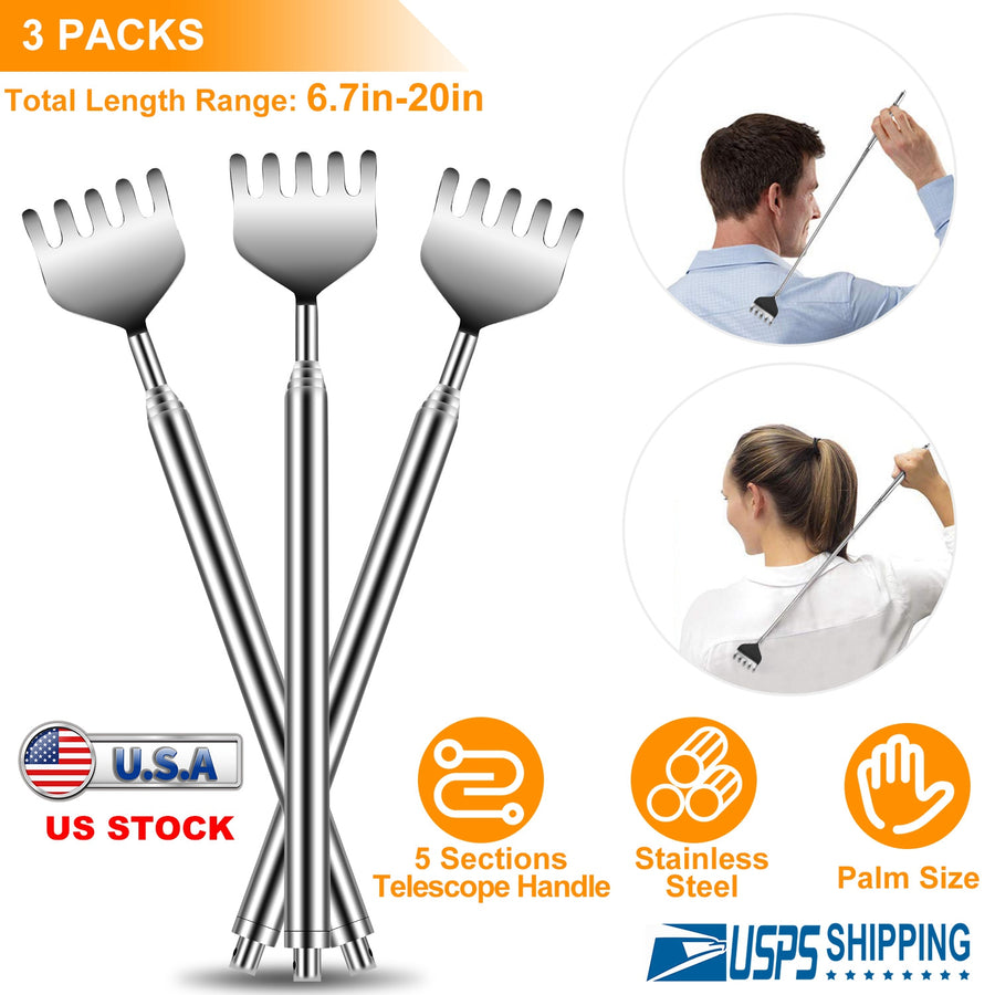 3pcs 20" Telescopic Back Scratcher Stainless Steel Extendable Bear Eagle Claw Massager