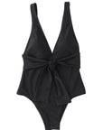 Black Deep V Neck Knot Waist One Piece Swimsuit