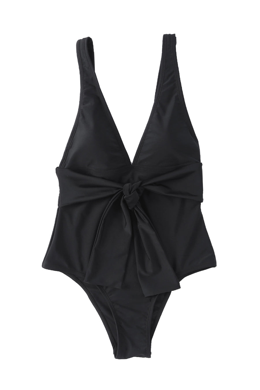 Black Deep V Neck Knot Waist One Piece Swimsuit