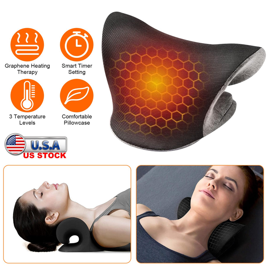 Ergonomic Heated Neck Stretcher Cervical Traction Therapy Pillow with Graphene Heating Pad 3 Gear Temperature Smart Timer Setting USB Plug