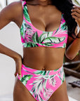 Women Swimsuit Rose Tropical Scoop Neck Ribbed High Waist Bikini Set Two Piece High Waisted Print Bathing Suit