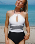 White Striped Backless Cut Out Halter One Piece Swimsuit