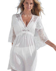 White Lace Patch Kimono Sleeve Tassel Drawstring Beach Cover Up