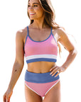 Women Striped Pink Colorblock Spaghetti Straps Ribbed High Waist Bikini Swimsuit