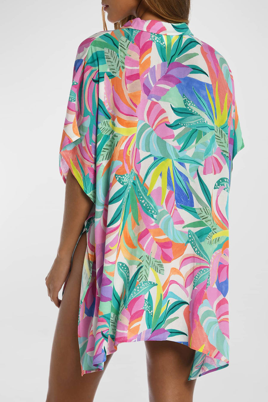 Multicolor Tropical Print Button-up Short Sleeve Beach Cover Up Embrace Island Chic