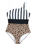 Leopard Striped Colorblock Asymmetrical Sleeveless One Piece Swimsuit