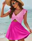 Bright Pink Cut Out Ruffle Crossed One Piece Swimdress