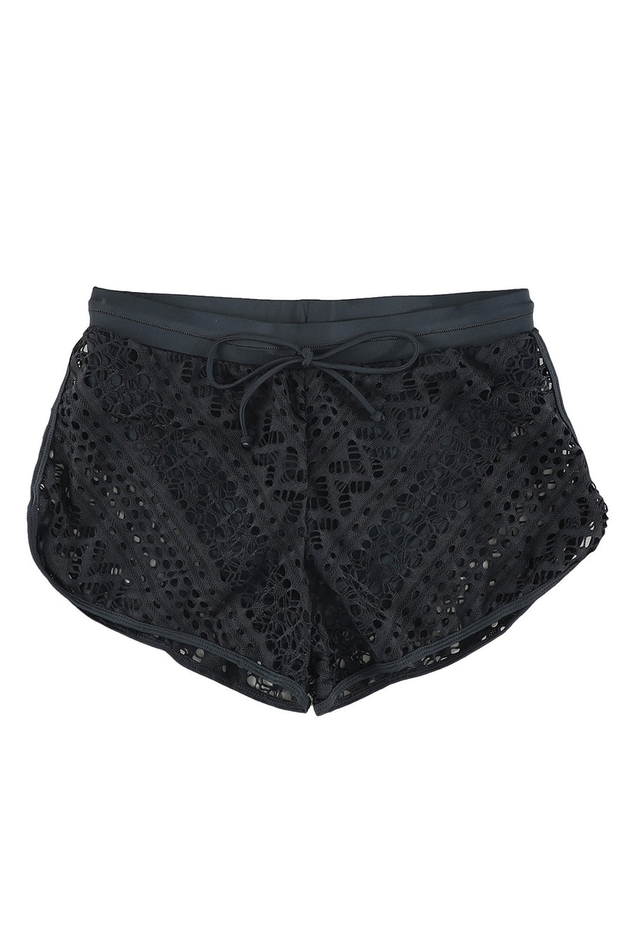 Black Hollow Out Lace Overlay Swim Shorts