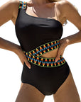 Black Zigzag Cutout Asymmetrical Teddy Swimwear