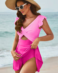 Bright Pink Cut Out Ruffle Crossed One Piece Swimdress