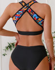 Fiery Red 3pcs Flower Printed Crossed Top and A Line Skirt Bikini Set