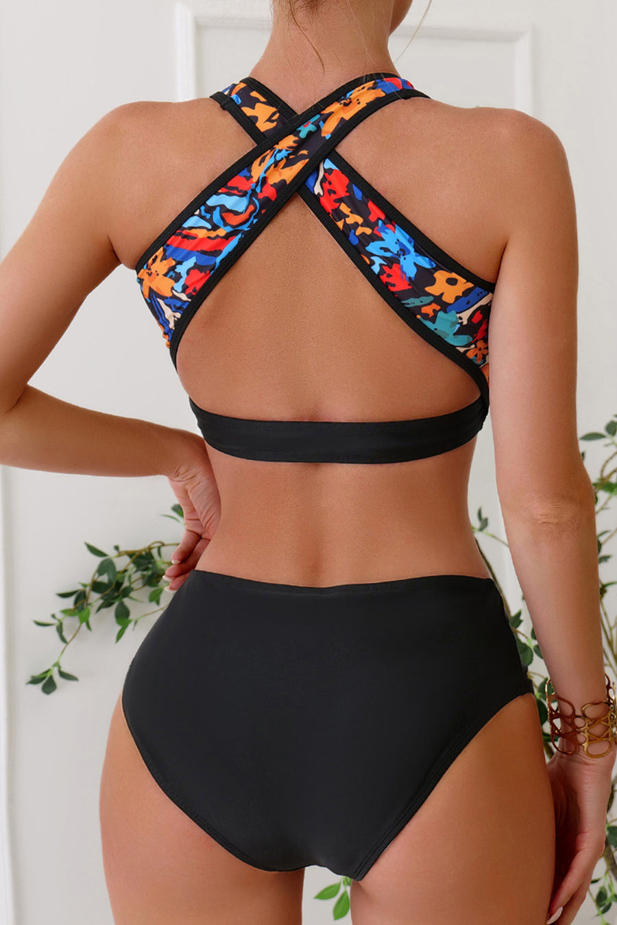 Fiery Red 3pcs Flower Printed Crossed Top and A Line Skirt Bikini Set