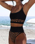 Black Leapard Print Contrast High Waist Bikini Set